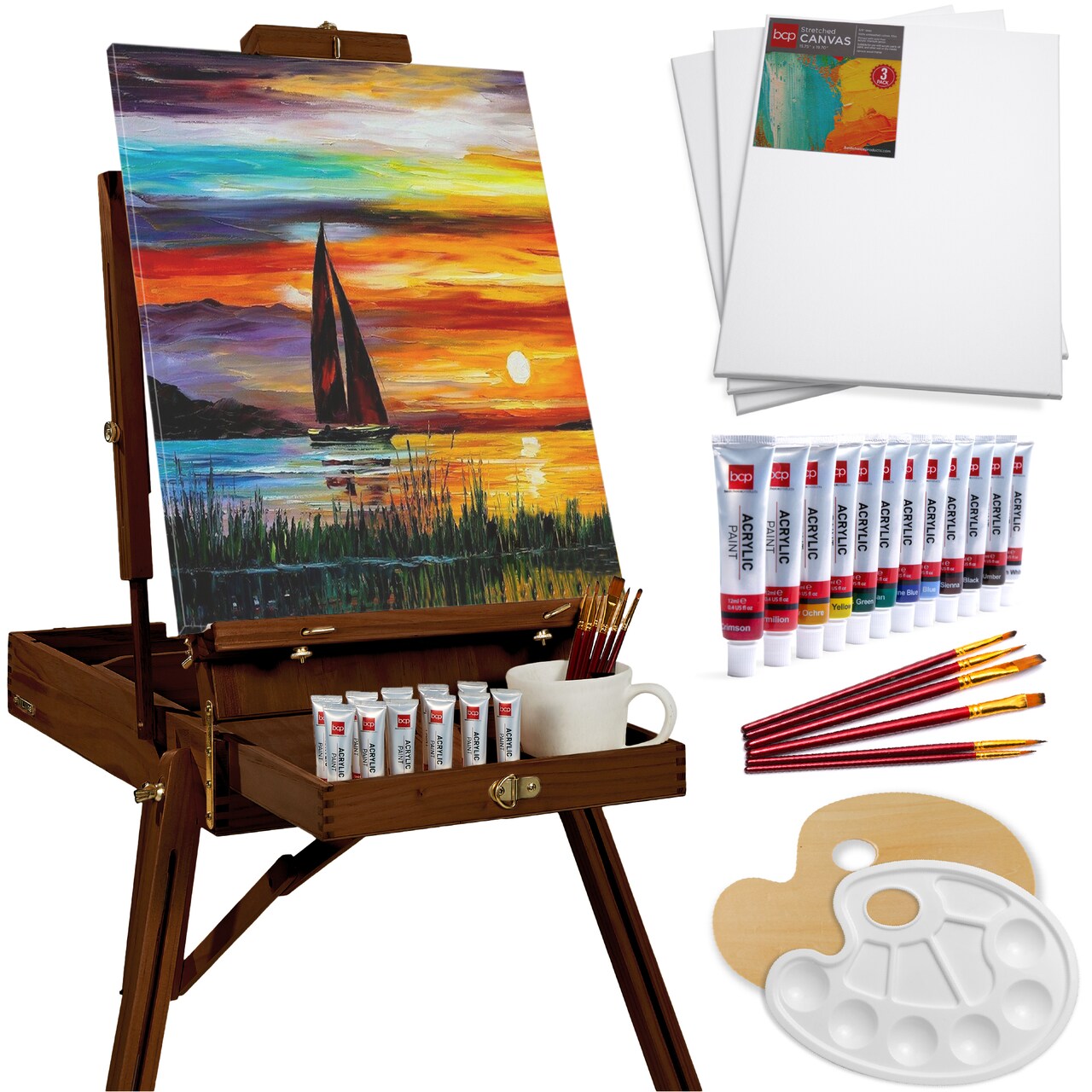 Best Choice Products French Easel, 32pc Beginners Kit Portable Wooden Adjustable Tripod w/ Paint Supplies